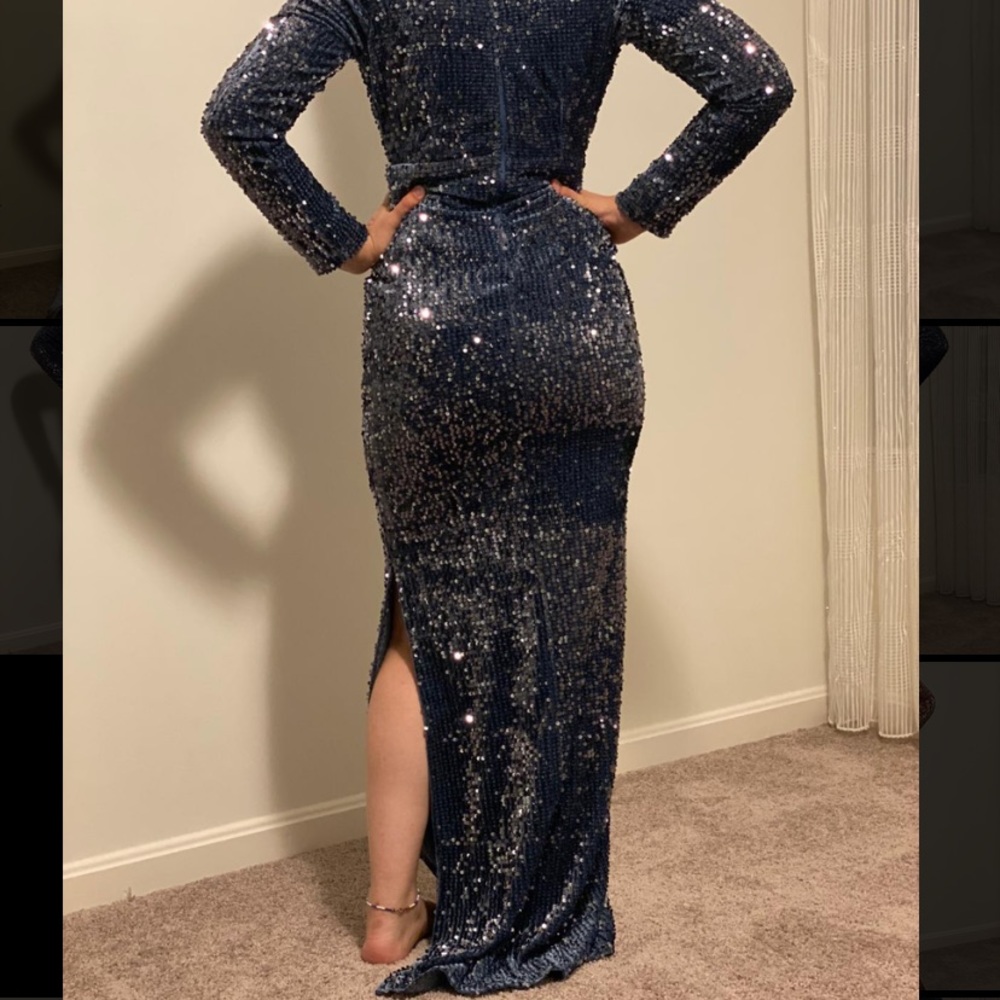 long sleeve sparkly dress with split and v-neck